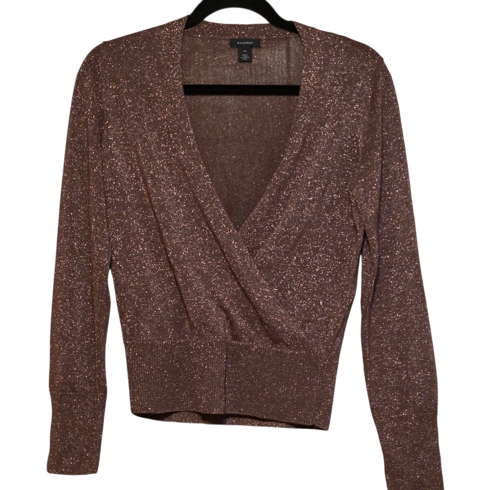 Halogen Women's Glitter V-Neck Sweater - Bronze